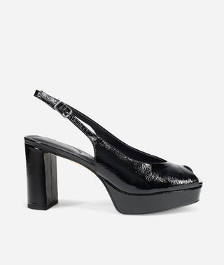 Andee Platform Peep Toe Sandal in Black Crinkle Patent-Pelle Moda