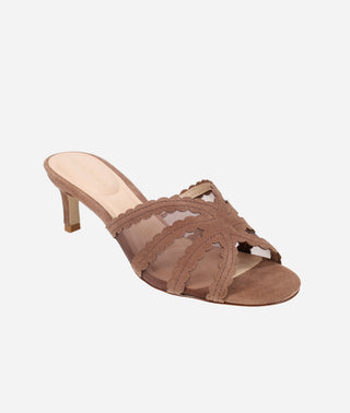 Vivie Low Heel Taupe Suede and Mesh